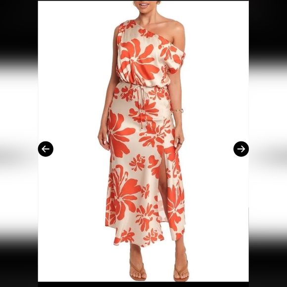 Petal & Pup Dresses & Skirts - Petal & Pup Ana Satin Floral One Shoulder Satin Midi Dress Orange Cream Sz XS